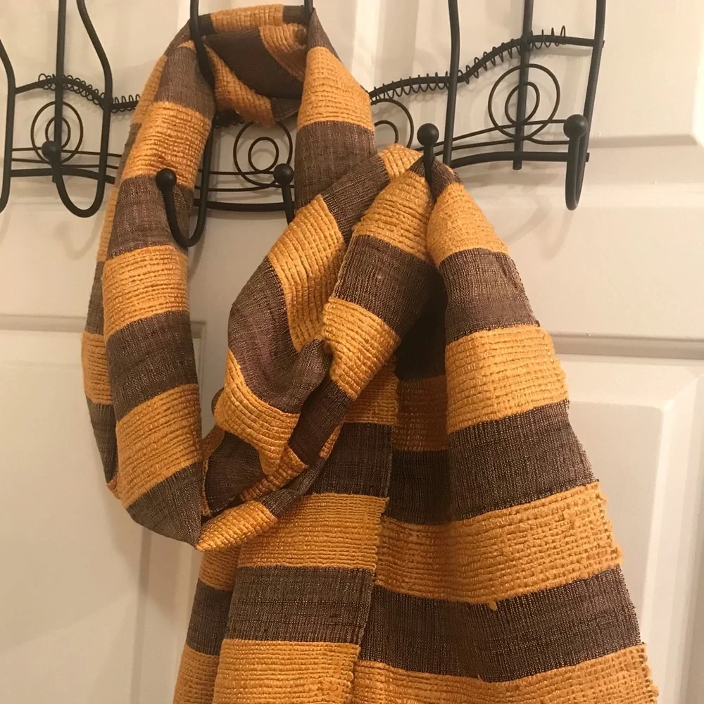Handcrafted Thai Silk Scarf with Nubby Weave in Gold & Dark Brown - Picture 2 of 9